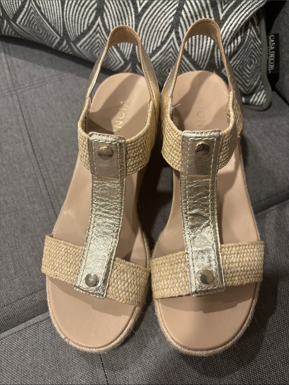 Vionic Calera Gold Metallic and Natural Woven Slingback Sandals